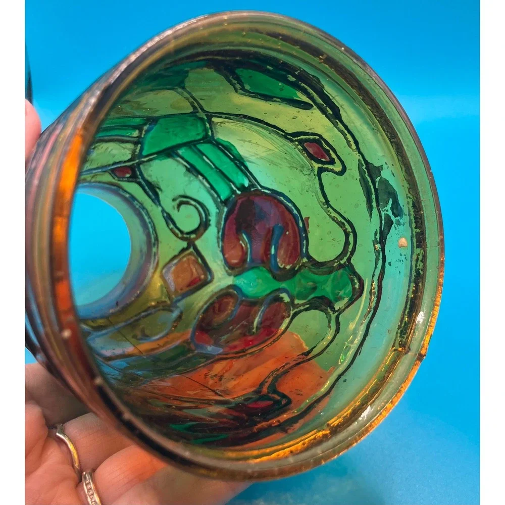 Oil Lamp Candle Chimney Small Green Red Stained Glass Style Relief